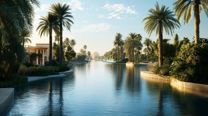 Tranquil waterscape: Palm trees lining calm river with architectural backdrop