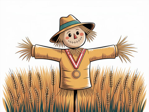 Charming scarecrow with medal standing proudly in wheat field cartoon illustration