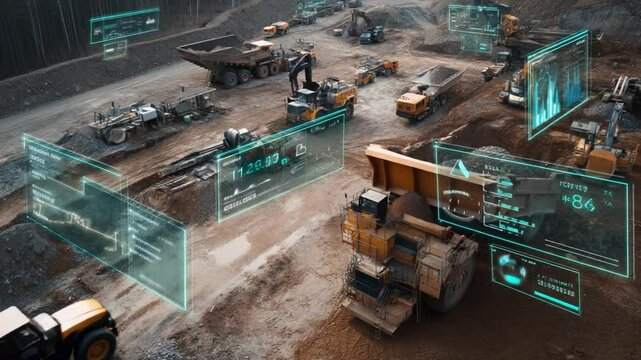Automated Mining Operation: A futuristic vision of industry, showcasing an automated mining operation with advanced machinery and digital interfaces.