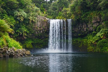 Obraz premium A beautiful waterfall cascades into a serene and reflective lake