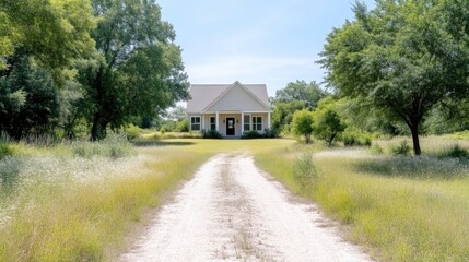 Rural Farmhouse Long Driveway Rustic Style High-Resolution Sunny Lighting Landscape Wide Shot Grassy Fields Peaceful Setting Countryside Warm Natural Tones Ideal for Real Estate Listings