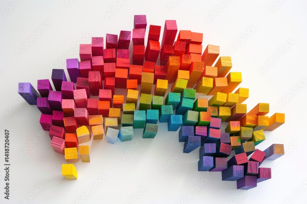 Poster rainbow spectrum: a vibrant display of colorful wooden blocks arranged in a dynamic, wave-like patte