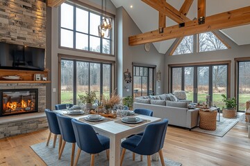 Fototapeta premium Open-concept dining room with white oak table, blue chairs, gray walls, fireplace, large windows, and seating group in a modern home.