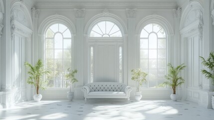 Bright white room featuring arched windows and elegant furniture