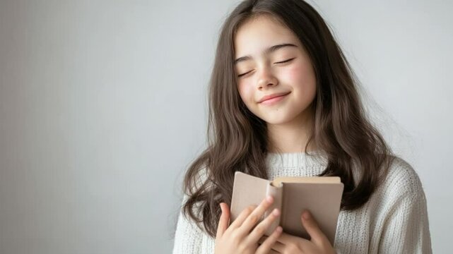 Quietude and Reading: A young woman is immersed in the world of literature, with closed eyes she finds solace and introspection as she reads, embodying quiet contemplation.