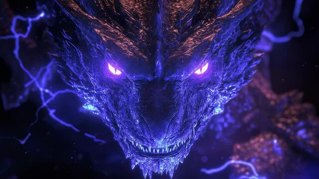 3D animation dragon face with glowing electric blue