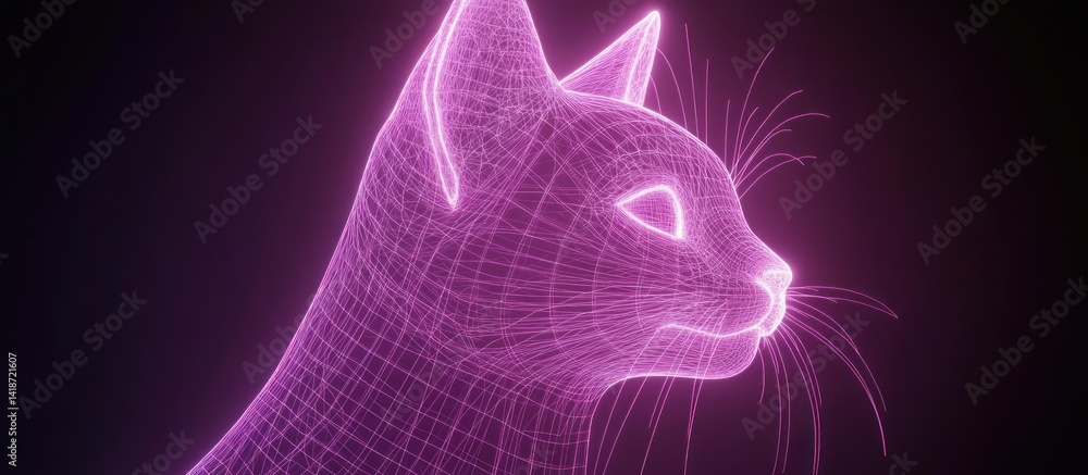 Poster a mesmerizing neon feline representation on a dark backdrop with a grid style
