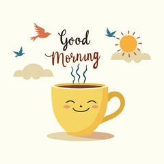 Smiling coffee cup with birds and the sun in the background.