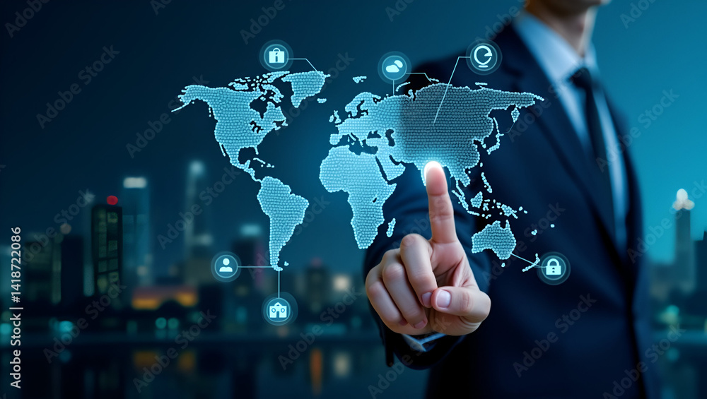 Poster man pointing at digital world map with icons overlay