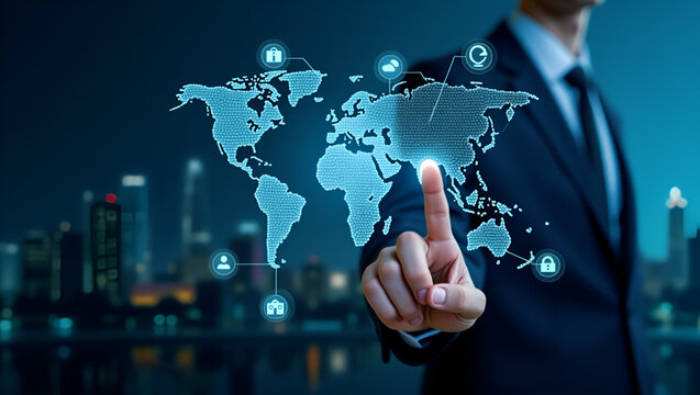 Man pointing at digital world map with icons overlay