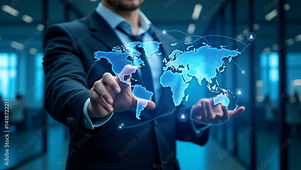 Poster man interacting with digital world map interface blue