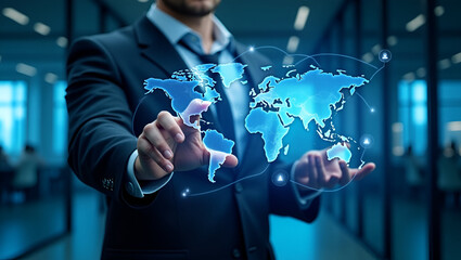 Man interacting with digital world map interface blue