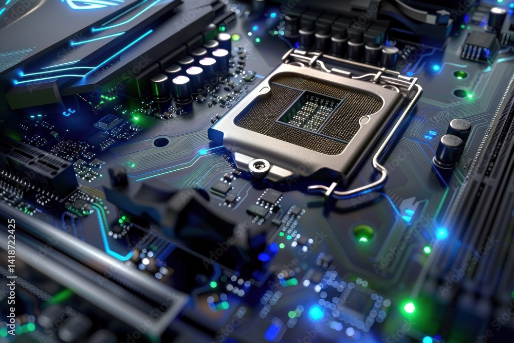 Poster close-up view of a computer motherboard with a cpu installed, showcasing intricate circuitry and glo