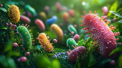 Fototapeta premium Colorful Microorganisms Living Amidst Lush Greenery in Nature Scene