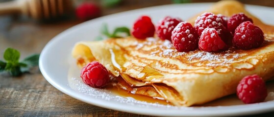 a close-up of french crepes with raspberry and honey topping