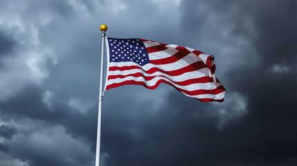 american flag waving in the wind of the storm sky