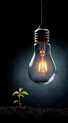glowing light bulb hovers above small plant in soil, symbolizing growth