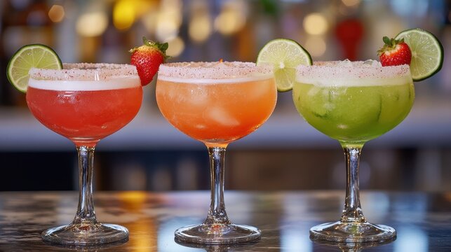 Three colorful cocktails are garnished with fruit on a bar top. Use for menus, blogs, and advertising happy hour specials.