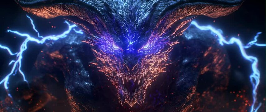 Anamorphic video of 3D animation dragon face with glowing electric blue