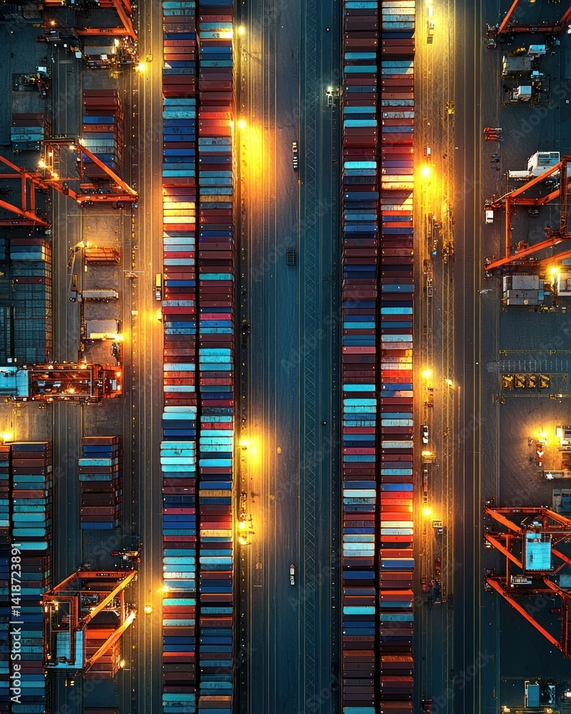 Poster aerial view of a busy container port at night. illuminated shipping containers are neatly organized 