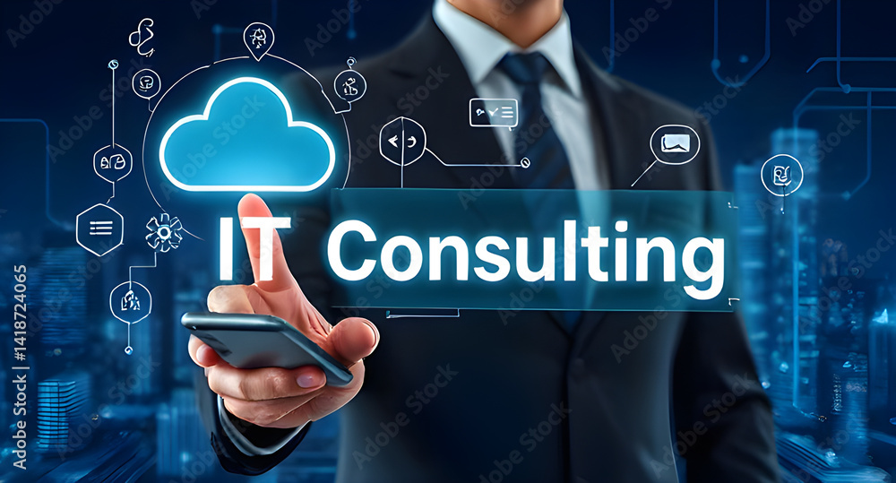 Poster man in suit presenting it consulting with cloud icons