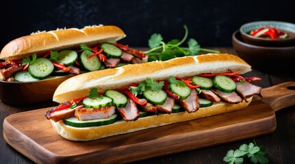 Three delicious banh mi sandwiches with roasted pork, fresh cucumber, and cilantro are displayed on a wooden board, ready to eat
