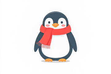 Fototapeta premium Cute cartoon penguin wearing a red scarf, flat vector design, minimalist shapes, white background, pastel colors, children's book illustration style