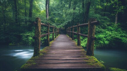 Rustic wooden bridge spans a tranquil stream in a lush green forest setting