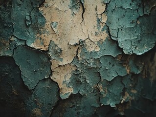 Obraz premium Aged, cracked paint surface texture. Detailed close-up of weathered, peeling paint, revealing underlying layers. Intricate patterns of cracks and fissures across a dark teal and light beige surface