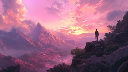Fototapeta premium A solitary figure gazes at a breathtaking mountain vista during a vibrant sunset