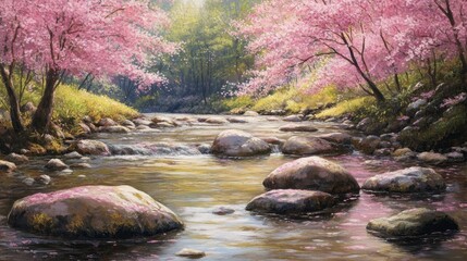 Serene river scenery with cherry blossoms and smooth stones in a lush landscape
