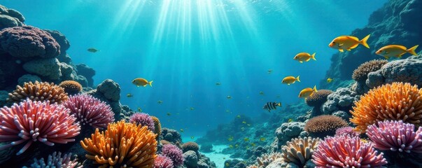 School of fish swimming near underwater coral reef, coral reef, ocean creatures