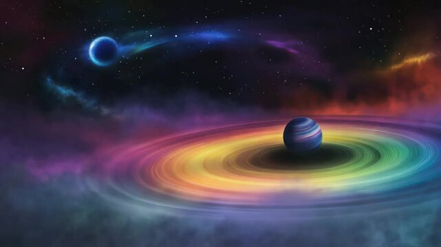 Vibrant digital artwork of a black hole with swirling colorful galaxies and planets in deep space.