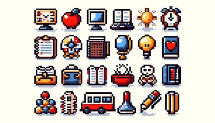 Obraz premium Tiny pixel art style vector icons about learning and school, with sharp lines and a retro computer vibe, on a clean white background.