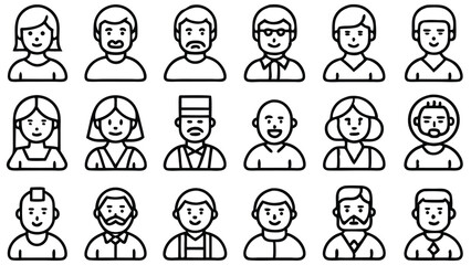Collection of Diverse Line Art Avatar Icons for Web Design