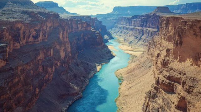 Aerial view of a majestic canyon with a winding turquoise river cutting through steep rocky cliffs under a clear blue sky.