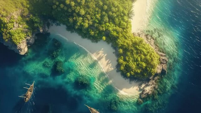 Crystal-clear aerial view of tropical islands surrounded by vibrant turquoise waters and coral reefs.
