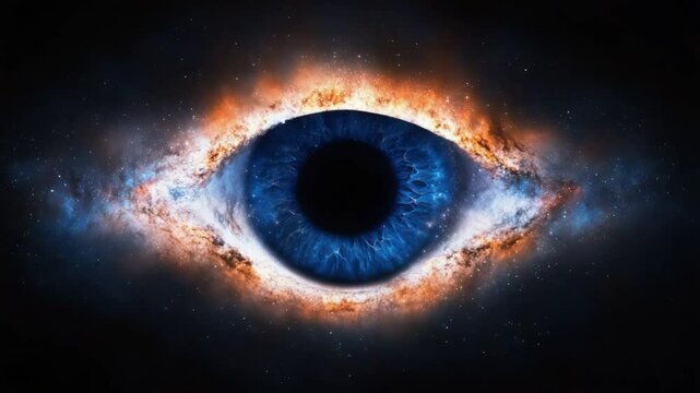 Abstract digital rendering of a galaxy shaped like a human eye, merging astronomy with surreal human symbolism.