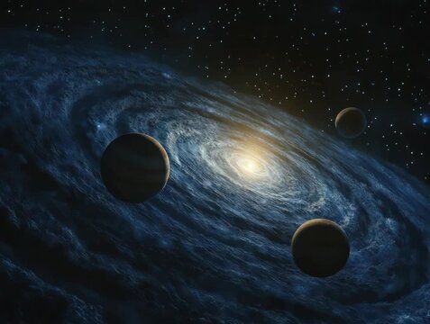 Astrophysical illustration of black holes and orbiting planets within a swirling galactic vortex in deep space.