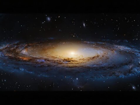 Bright galaxy with spiral arms glowing in outer space, surrounded by stars and cosmic dust in a vast universe.