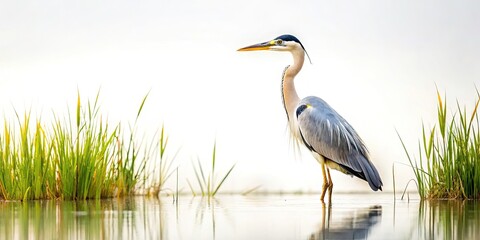 Fototapeta premium Heron Marsh Stillness: High-DOF Bird Photography, Wildlife Image, Nature Scene