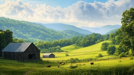 Picturesque pastoral scene with rolling hills, farm buildings, and grazing cows under a serene sky