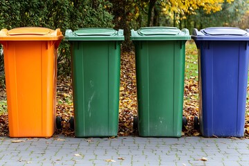 Four Colorful Recycling Bins Outdoors Autumn Park