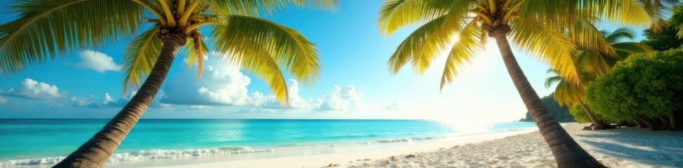 Obraz premium Palm trees standing on sandy beach with turquoise water and sun in warm tropical climate, paradise, ocean