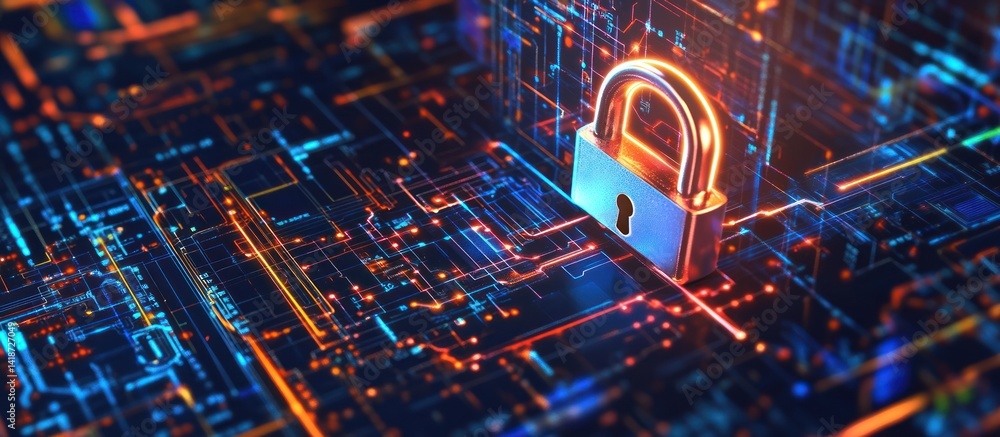 Poster digital security padlock illustrating network safety and data encryption