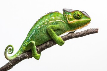 Obraz premium A brightly colored green chameleon perched on a brown branch