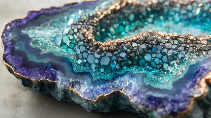 Close-up of an iridescent geode, showcasing blue and green hues with purple veins and intricate patterns in the resin material