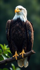 Fototapeta premium American Bald Eagle perched on a branch with its wings spread wide, bird of prey, landscape, patriotic icon