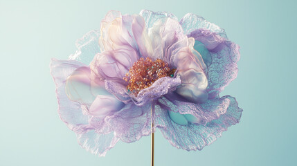 A single, giant, pastel purple, fluffy flower with an array of multicolored, translucent petals made from lace and glass beads, centered on top of a tall, slender, gold metal wire stand