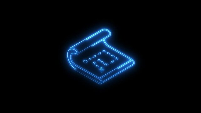 Glowing neon treasure map icon 4k isolated on black background. HD Video motion graphic animation